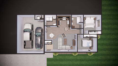 A house plan with a garage and a backyard.